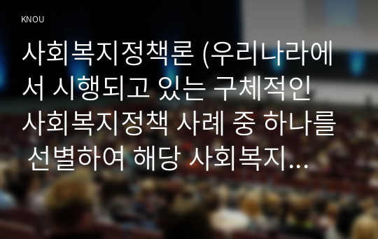 사회복지정책론 (우리나라에서 시행되고 있는 구체적인 사회복지정책 사례 중 하나를 선별하여 해당 사회복지정책이 어떠한 과정을 거쳐 정책의제 및 대안의 형성과 정책 결정이 이루어졌으며, 현재 어떻게 집행되고 있는지를 설명하시오.)