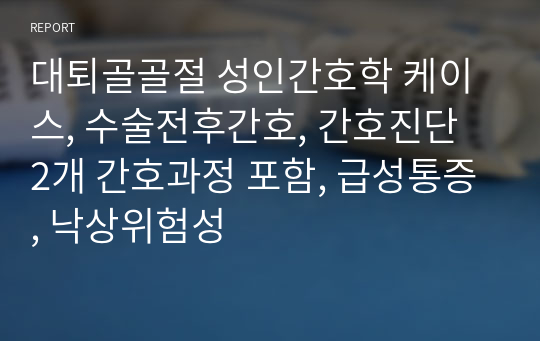 대퇴골골절 성인간호학 케이스, 수술전후간호, 간호진단 2개 간호과정 포함, 급성통증, 낙상위험성