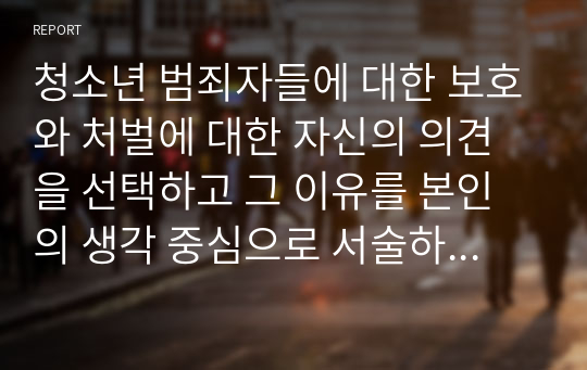 청소년 범죄자들에 대한 보호와 처벌에 대한 자신의 의견을 선택하고 그 이유를 본인의 생각 중심으로 서술하시오