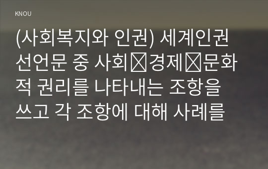 (사회복지와 인권) 세계인권선언문 중 사회․경제․문화적 권리를 나타내는 조항을 쓰고 각 조항에 대해 사례를