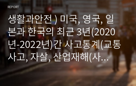 생활과안전 ) 미국, 영국, 일본과 한국의 최근 3년(2020년-2022년)간 사고통계(교통사고, 자살, 산업재해(사망만인율))을 조사 및 설명.