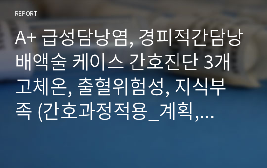 A+ 급성담낭염, 경피적간담낭배액술 케이스 간호진단 3개 고체온, 출혈위험성, 지식부족 (간호과정적용_계획, 목표, 중재_2개_ 참고문헌 포함) 케이스 성인간호학실습