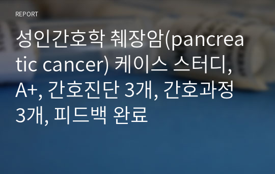 성인간호학 췌장암(pancreatic cancer) 케이스 스터디, A+, 간호진단 3개, 간호과정 3개, 피드백 완료