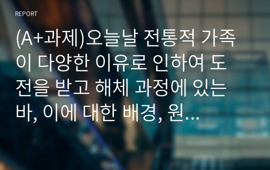 (A+과제)오늘날 전통적 가족이 다양한 이유로 인하여 도전을 받고 해체 과정에 있는 바, 이에 대한 배경, 원인 및 가족을 이해하는 관점에 대해 각자가 고민해 봅시다.