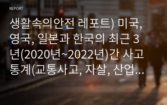 생활속의안전 레포트) 미국, 영국, 일본과 한국의 최근 3년(2020년~2022년)간 사고통계(교통사고, 자살, 산업재해(사망만인율))을 조사 및 설명