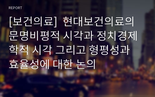 [보건의료]  현대보건의료의 문명비평적 시각과 정치경제학적 시각 그리고 형평성과 효율성에 대한 논의