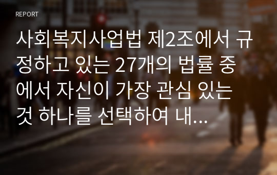 사회복지사업법 제2조에서 규정하고 있는 27개의 법률 중에서 자신이 가장 관심 있는 것 하나를 선택하여 내용을 간략히 정리하고, 문제점과 개선방안에 대해 논하시오