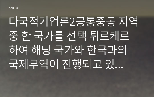 다국적기업론2공통중동 지역 중 한 국가를 선택 튀르케르 하여 해당 국가와 한국과의 국제무역이 진행되고 있는 품목산업등에 대해 설명하시오00