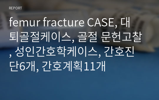 femur fracture CASE, 대퇴골절케이스, 골절 문헌고찰, 성인간호학케이스, 간호진단6개, 간호계획11개