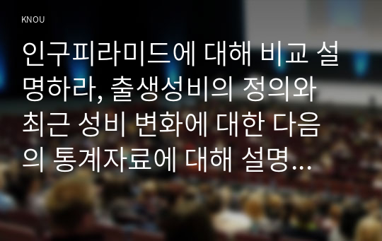 인구피라미드에 대해 비교 설명하라, 출생성비의 정의와 최근 성비 변화에 대한 다음의 통계자료에 대해 설명하라, 통계분석 초기에 자료의 이상치를 파악하기 위한 방법을 설명하라