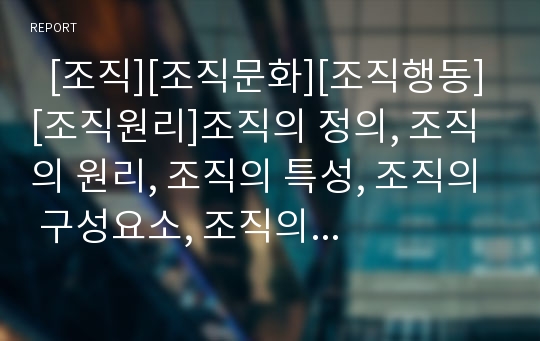   [조직][조직문화][조직행동][조직원리]조직의 정의, 조직의 원리, 조직의 특성, 조직의 구성요소, 조직의 형태, 조직문화 분석(조직의 정의, 조직의 원리, 조직의 특징, 조직 구성요소, 조직 형태, 조직문화, 조직)