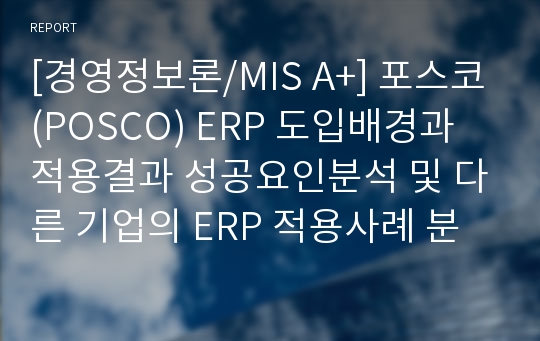 [경영정보론/MIS A+] 포스코(POSCO) ERP 도입배경과 적용결과 성공요인분석 및 다른 기업의 ERP 적용사례 분석