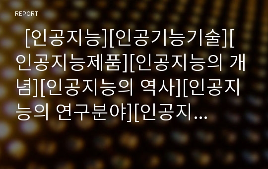   [인공지능][인공기능기술][인공지능제품][인공지능의 개념][인공지능의 역사][인공지능의 연구분야][인공지능의 연구현황]인공지능의 개념, 인공지능의 역사, 인공지능의 연구 분야, 인공지능의 연구 현황 분석