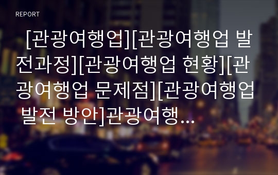   [관광여행업][관광여행업 발전과정][관광여행업 현황][관광여행업 문제점][관광여행업 발전 방안]관광여행업의 특징, 관광여행업의 발전과정, 관광여행업의 현황, 관광여행업의 문제점, 향후 관광여행업의 발전 방안