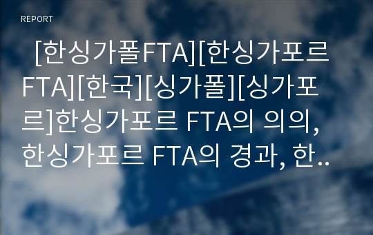   [한싱가폴FTA][한싱가포르FTA][한국][싱가폴][싱가포르]한싱가포르 FTA의 의의, 한싱가포르 FTA의 경과, 한싱가포르 FTA의 내용, 한싱가포르 FTA의 평가, 한싱가포르 FTA의 전망, 향후 한싱가포르 FTA의 방향 분석