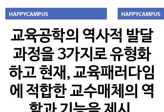 교육공학의 역사적 발달과정을 3가지로 유형화하고 현재, 교육패러다임에 적합한 교수매체의 역할과 기능을 제시.