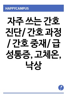 자주 쓰는 간호진단/ 간호 과정 / 간호 중재/ 급성 통증, 고체온, 낙상 위험성, 감염 위험성, 영양 부족, 피부 손상 위험성, 기도 흡인 위험성, 지식부족 등