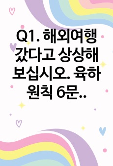 Q1. 해외여행 갔다고 상상해 보십시오. 육하원칙 6문장으로 어느 나라를 누구와 왜 언제 어디서 무엇을 하였는지 적으시오.  (10점)