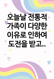 오늘날 전통적 가족이 다양한 이유로 인하여 도전을 받고 해체 과정에 있는 바, 이에 대한 배경, 원인 및 가족을 이해하는 관점에 대해 각자가 고민해 봅시다.