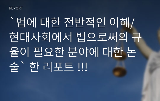 `법에 대한 전반적인 이해/ 현대사회에서 법으로써의 규율이 필요한 분야에 대한 논술` 한 리포트 !!!