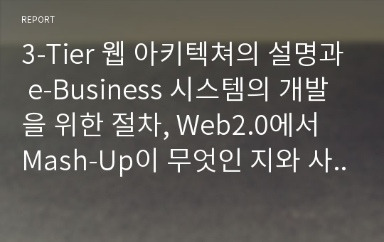 3-Tier 웹 아키텍쳐의 설명과 e-Business 시스템의 개발을 위한 절차, Web2.0에서 Mash-Up이 무엇인 지와 사례 등등으로 구성된 레포트입니다.