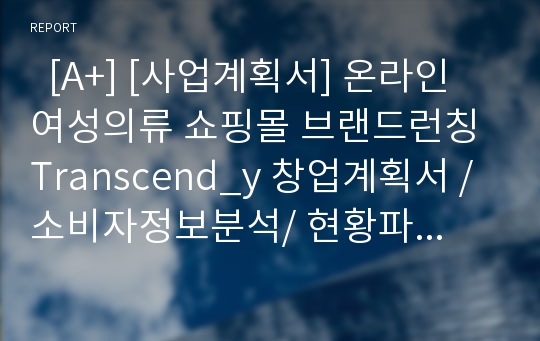   [A+] [사업계획서] 온라인 여성의류 쇼핑몰 브랜드런칭 Transcend_y 창업계획서 / 소비자정보분석/ 현황파악/ 라이프스타일분석/ 구매패턴 및 착용경향조사/ STP전략/ 상품구성/ 예산관리/ 가격결정/ 마케팅