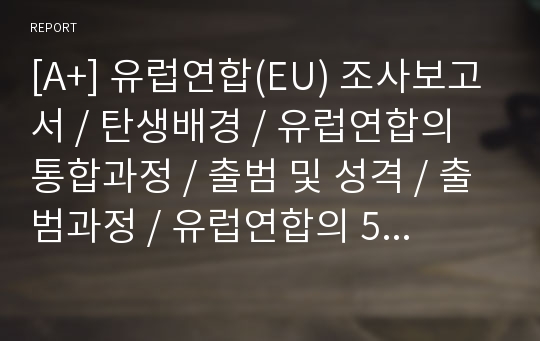 [A+] 유럽연합(EU) 조사보고서 / 탄생배경 / 유럽연합의 통합과정 / 출범 및 성격 / 출범과정 / 유럽연합의 5개기관 / 출범의 영향 / 미래 / 전망