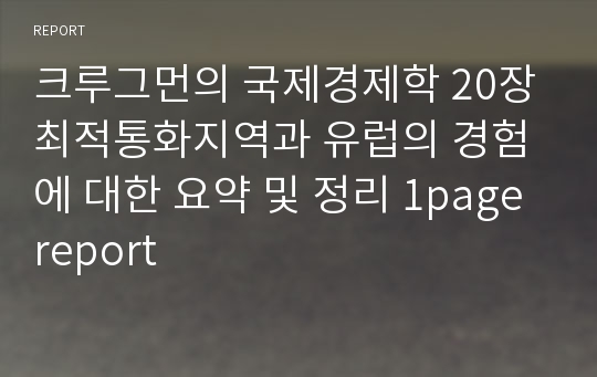 크루그먼의 국제경제학 20장 최적통화지역과 유럽의 경험에 대한 요약 및 정리 1page report