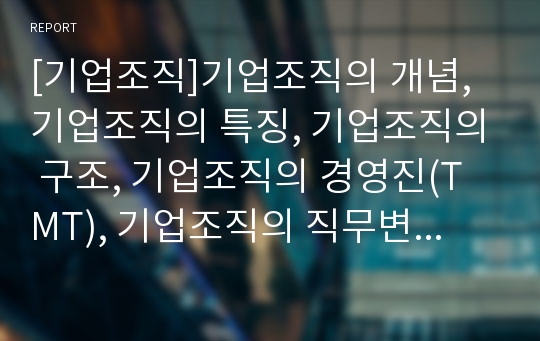 [기업조직]기업조직의 개념, 기업조직의 특징, 기업조직의 구조, 기업조직의 경영진(TMT), 기업조직의 직무변화, 기업조직의 문화개발 사례, 향후 기업조직의 내실화 방향 분석