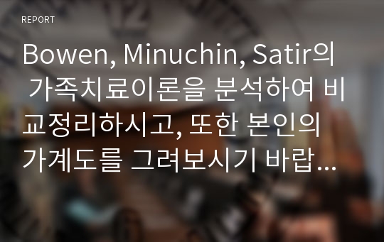 Bowen, Minuchin, Satir의 가족치료이론을 분석하여 비교정리하시고, 또한 본인의 가계도를 그려보시기 바랍니다.