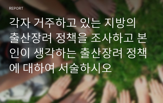 각자 거주하고 있는 지방의 출산장려 정책을 조사하고 본인이 생각하는 출산장려 정책에 대하여 서술하시오