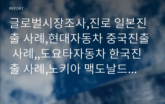 글로벌시장조사,진로 일본진출 사례,현대자동차 중국진출 사례,,도요타자동차 한국진출 사례,노키아 맥도날드 월마트 사례,브랜드마케팅,서비스마케팅