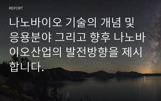 나노바이오 기술의 개념 및 응용분야 그리고 향후 나노바이오산업의 발전방향을 제시합니다.