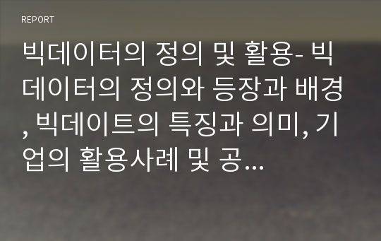 빅데이터의 정의 및 활용- 빅데이터의 정의와 등장과 배경, 빅데이트의 특징과 의미, 기업의 활용사례 및 공공부문의 활용사례