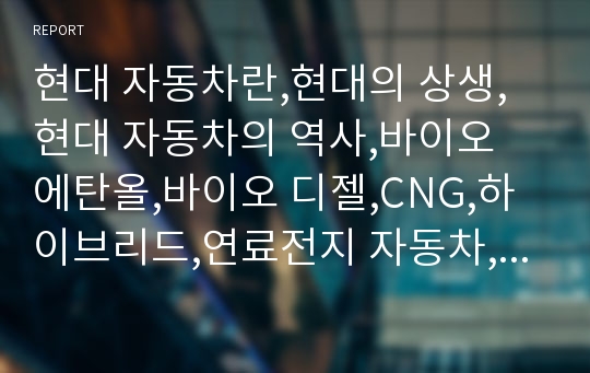 현대 자동차란,현대의 상생,현대 자동차의 역사,바이오 에탄올,바이오 디젤,CNG,하이브리드,연료전지 자동차,해외의 상생사례,연비과장 파문