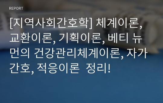 [지역사회간호학] 체계이론, 교환이론, 기획이론, 베티 뉴먼의 건강관리체계이론, 자가간호, 적응이론  정리!