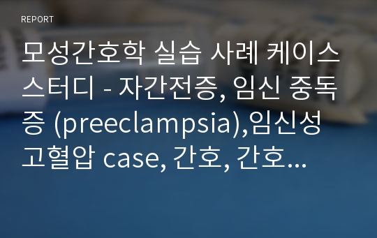 모성간호학 실습 케이스스터디 - 자간전증, 임신 중독증 (pre eclampsia),임신성고혈압 간호,case,간호진단,간호사정,간호중재,간호과정,문헌고찰