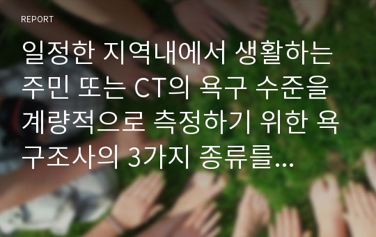 일정한 지역내에서 생활하는 주민 또는 CT의 욕구 수준을 계량적으로 측정하기 위한 욕구조사의 3가지 종류를 쓰시오