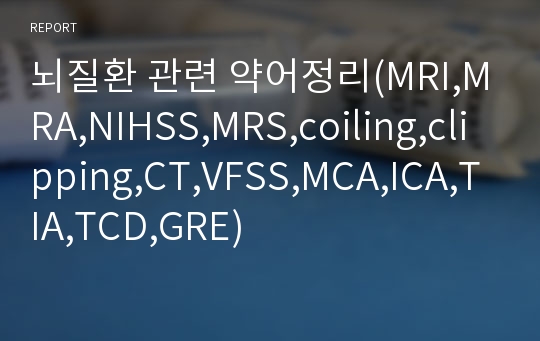 뇌질환 관련 약어정리(MRI,MRA,NIHSS,MRS,coiling,clipping,CT,VFSS,MCA,ICA,TIA,TCD,GRE)