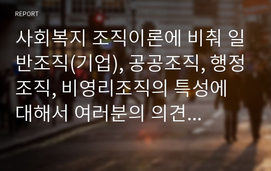 사회복지 조직이론에 비춰 일반조직(기업), 공공조직, 행정조직, 비영리조직의 특성에 대해서 여러분의 의견을 적어보시오.