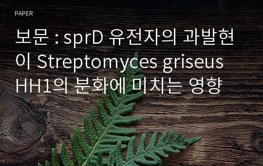 보문 : sprD 유전자의 과발현이 Streptomyces griseus HH1의 분화에 미치는 영향
