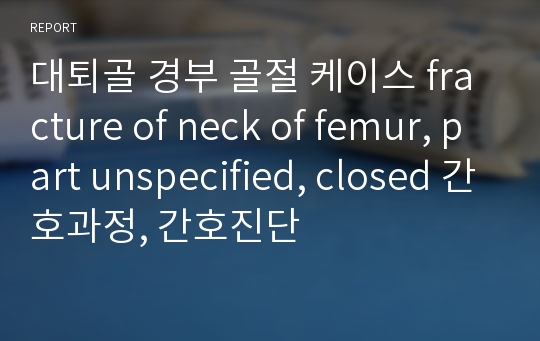 대퇴골 경부 골절 케이스 fracture of neck of femur, part unspecified, closed 간호과정, 간호진단