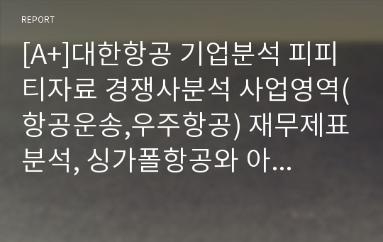 [A+]대한항공 기업분석 피피티자료 경쟁사분석 사업영역(항공운송,우주항공) 재무제표분석, 싱가폴항공와 아시아나항공 경쟁사분석,CEO분석,시사점,개선할점