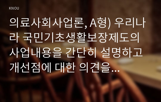 의료사회사업론, A형) 우리나라 국민기초생활보장제도의 사업내용을 간단히 설명하고 개선점에 대한 의견을 기술하시오