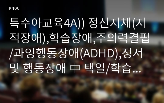 특수아교육4A)) 정신지체(지적장애),학습장애,주의력결핍/과잉행동장애(ADHD),정서 및 행동장애 中 택일/학습장애의 개념,원인,특성,판별 및 평가 방법,교육 방안에 대하여