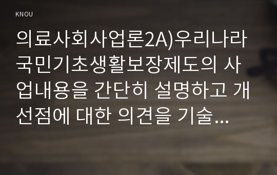 의료사회사업론2A)우리나라 국민기초생활보장제도의 사업내용을 간단히 설명하고 개선점에 대한 의견을 기술하시오.