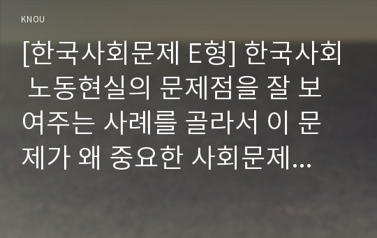 [한국사회문제 E형] 한국사회 노동현실의 문제점을 잘 보여주는 사례를 골라서 이 문제가 왜 중요한 사회문제이며 해결과정에서는 어떤 원칙이 필요한지에 대해서 구체적인 사례를 들어 논하시오.