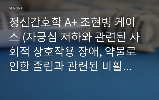 정신간호학 A+ 조현병 케이스 (자긍심 저하와 관련된 사회적 상호작용 장애, 약물로 인한 졸림과 관련된 비활동적 생활양식)