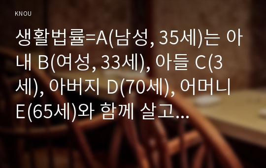 생활법률=A(남성, 35세)는 아내 B(여성, 33세), 아들 C(3세), 아버지 D(70세), 어머니 E(65세)와 함께 살고 있다. F(여성, 30세)는 미혼이며 어머니 G(60세), 1년 전에 교통사고로 사망한 남동생 H의 아내 I와 딸 J와 함께 살고 있다. A와 F는 같은 은행의 근로자이자 방송대 학생들이다.