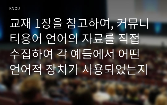 교재 1장을 참고하여, 커뮤니티용어 언어의 자료를 직접 수집하여 각 예들에서 어떤 언어적 장치가 사용되었는지